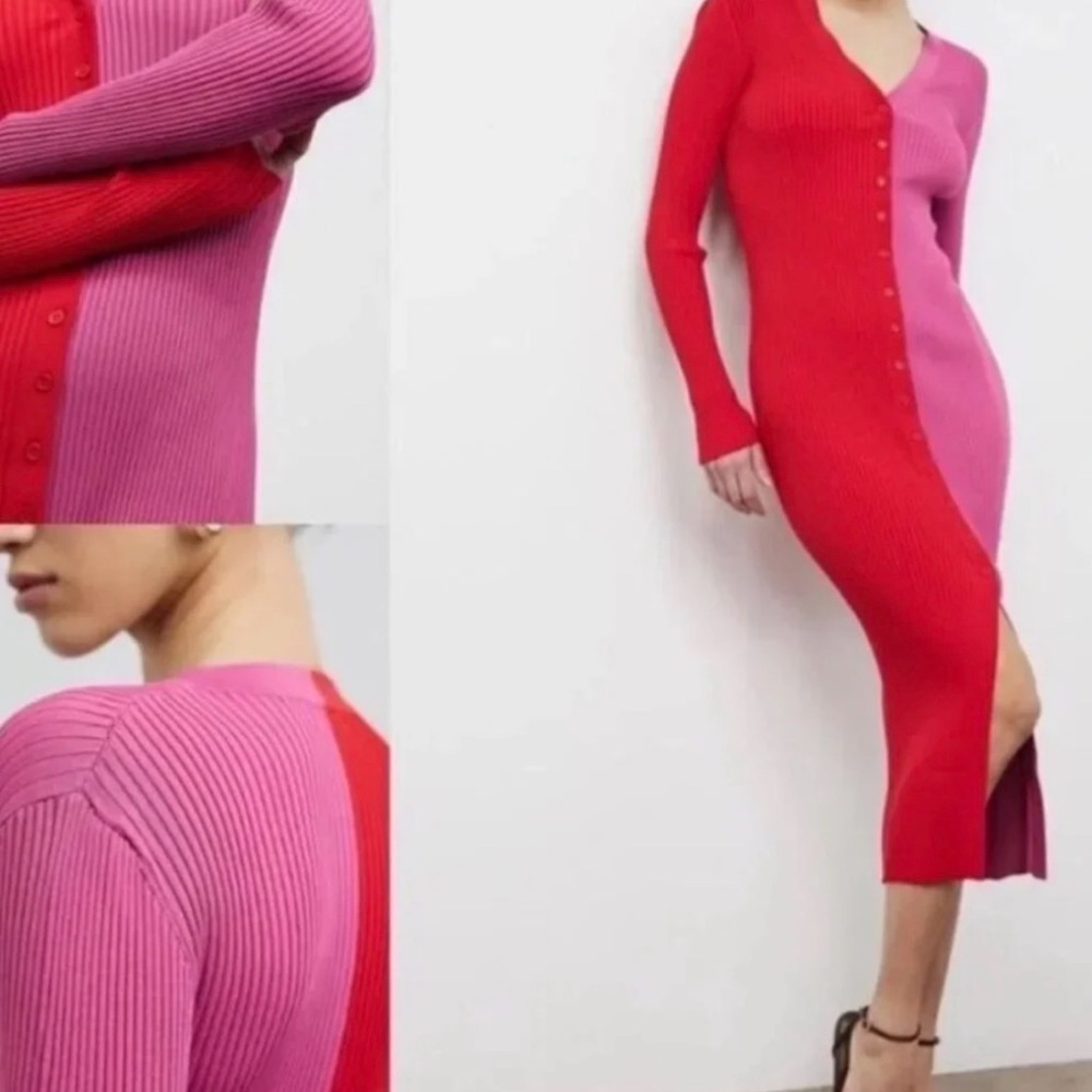 STAUD Shoko dress Colorblock Pink Rib-Knit Button-Front Dress - Women - Picture 7 of 8